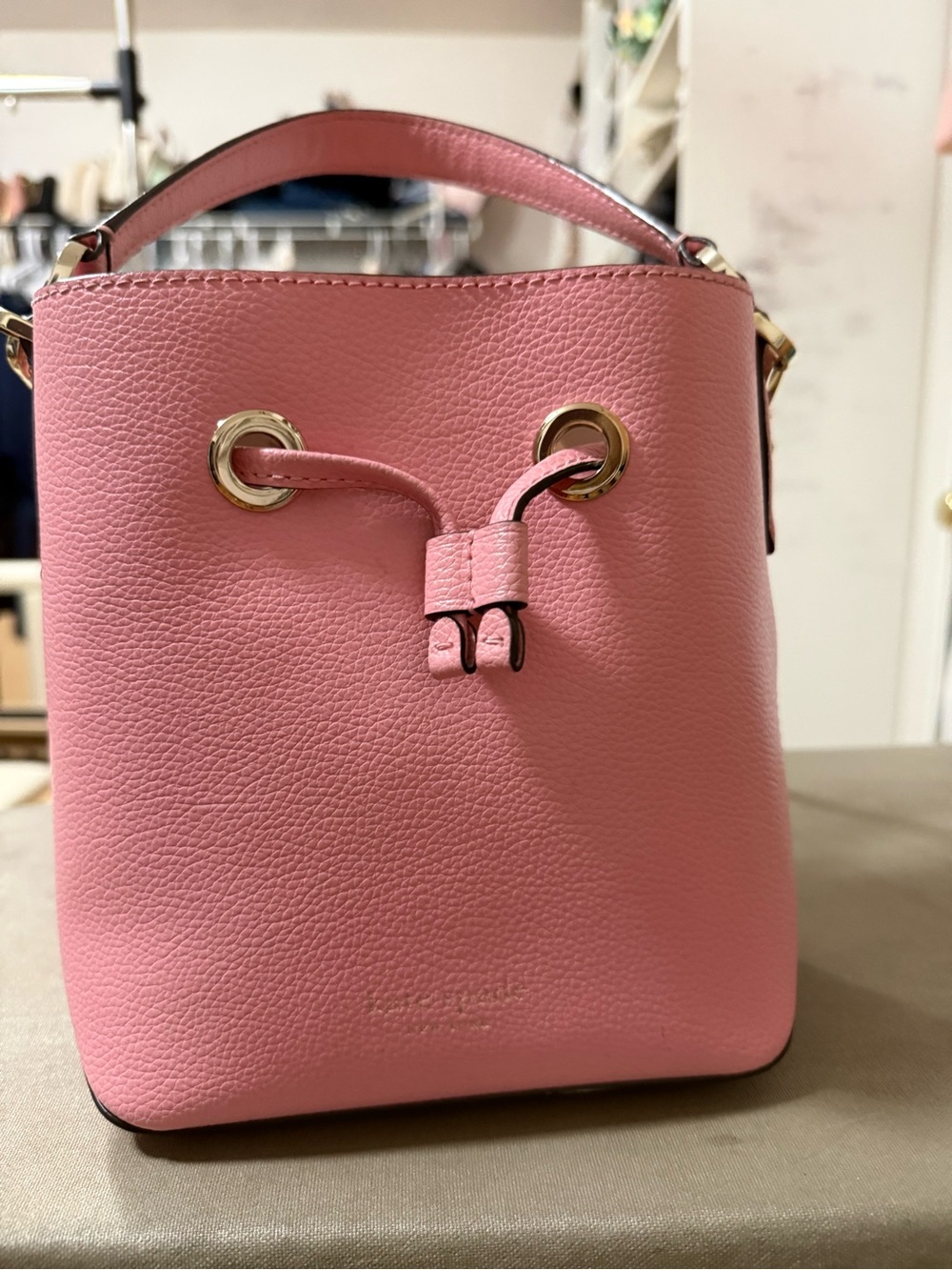 kate spade Pink Pebbled Leather Mini Bucket Bag with Gold Hardware